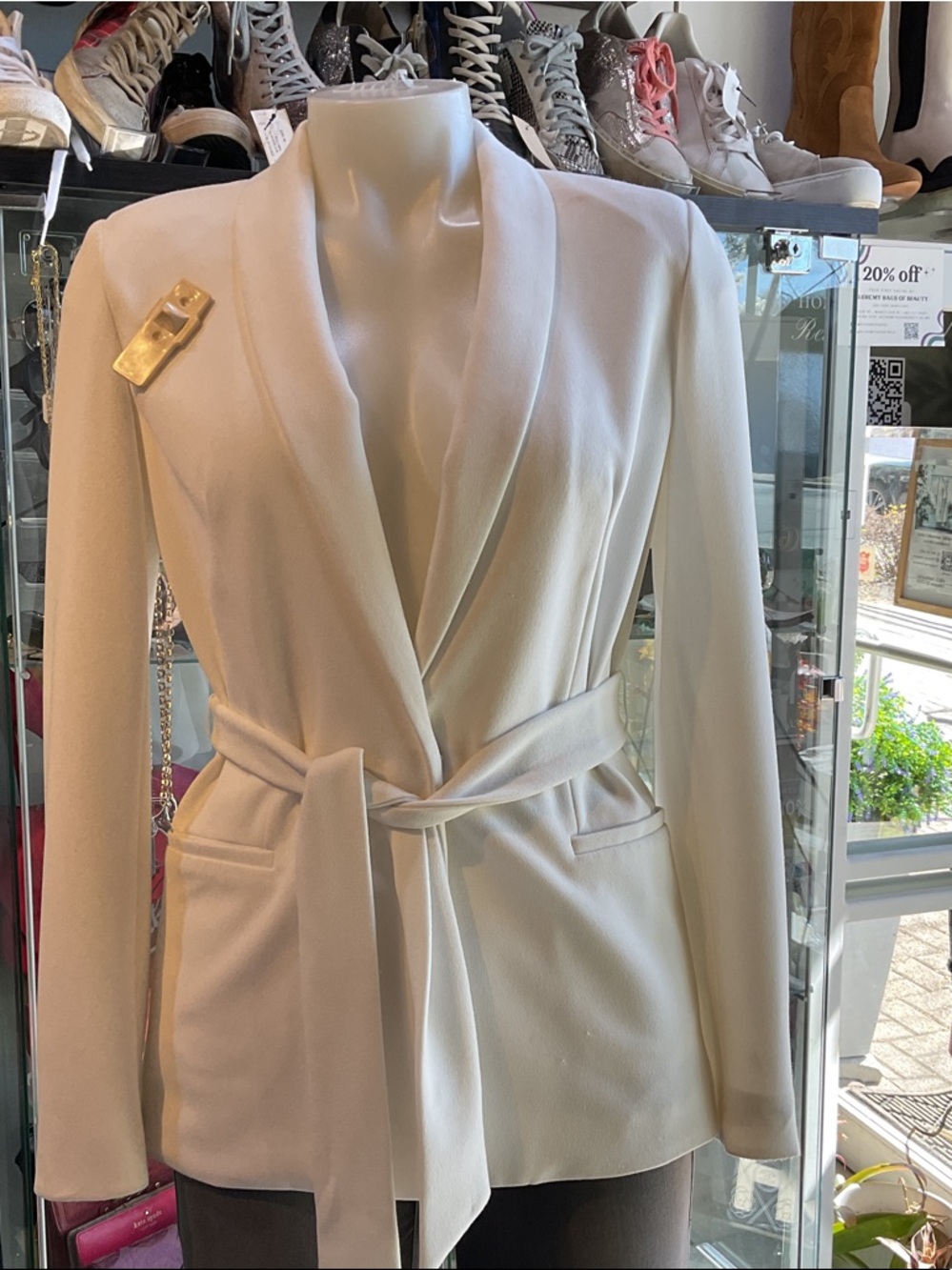White House Black Market Cream Belted Shawl-Collar Blazer
